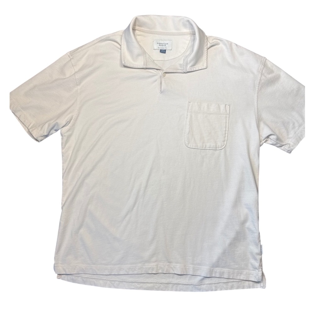 American Eagle Polo Shirt Mens Large White Relaxed Fit Pocket Short Sleeve Shirt